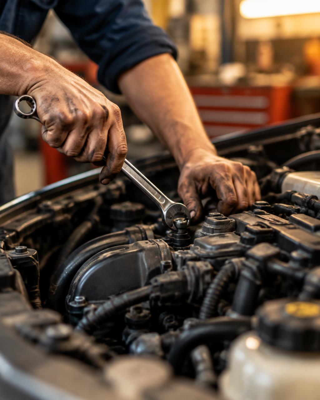 Mecânico com chave de boca ajustando o motor de um carro